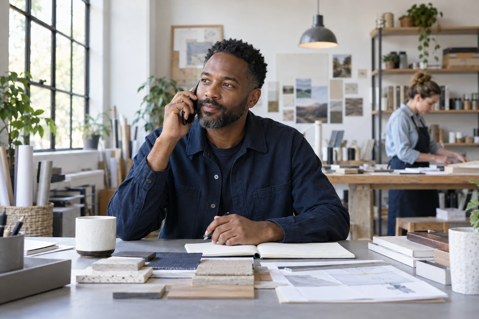Illustration : un entrepreneur échange par téléphone depuis son atelier.
